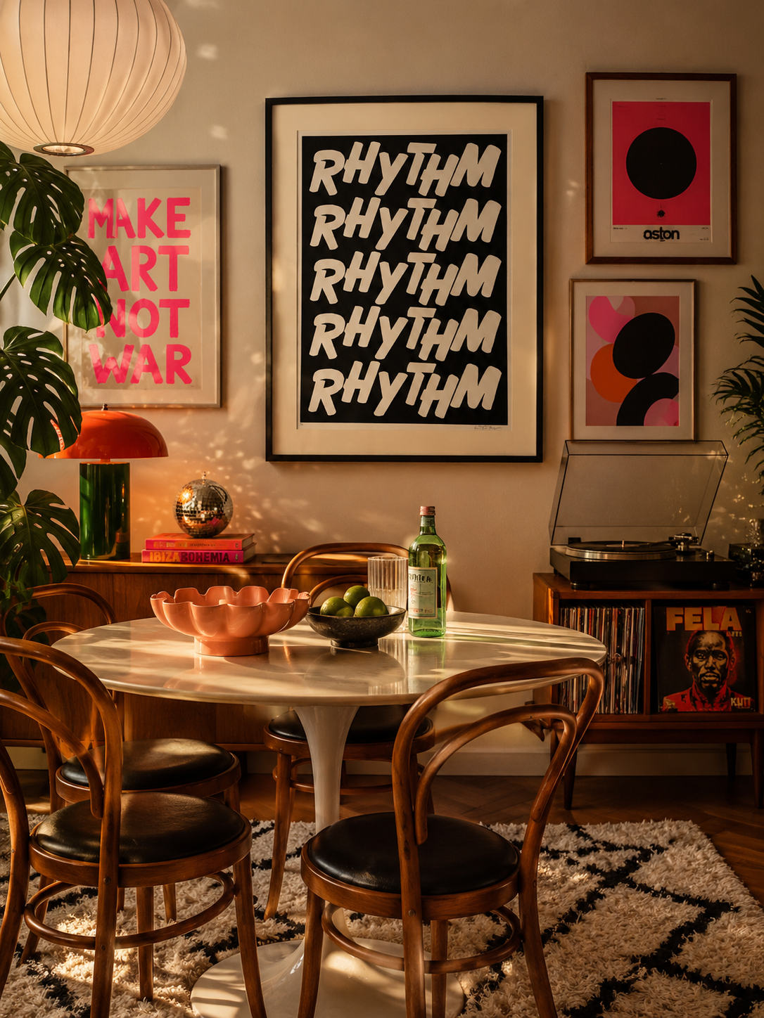 Dining room with a round table, chairs, and wall art featuring the word 'Rhythm'.