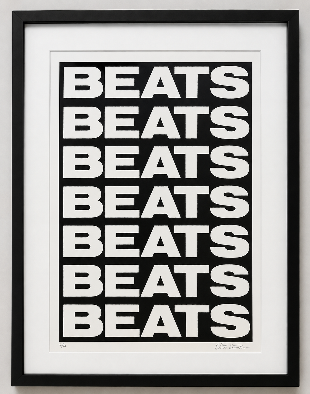 Framed limited edition print with 'BEATS' text repeated in a black frame.