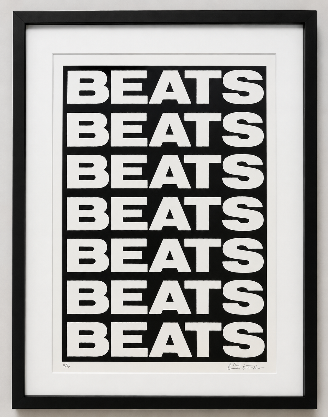 Framed limited edition print with 'BEATS' text repeated in a black frame.
