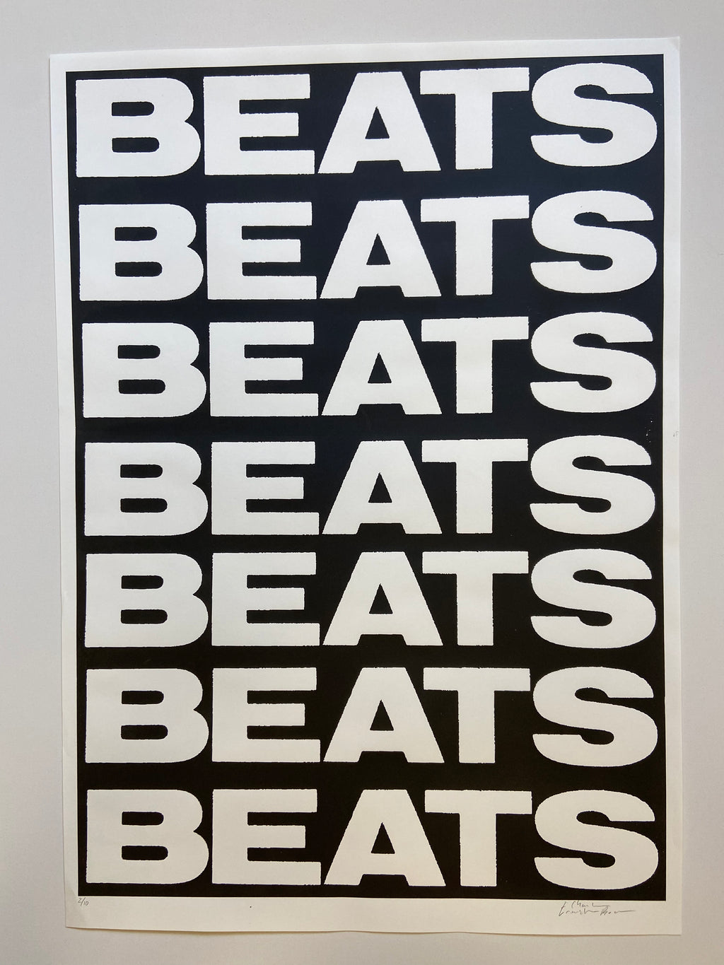 Repetition of the word 'BEATS' in white text on a black background. Screen print
