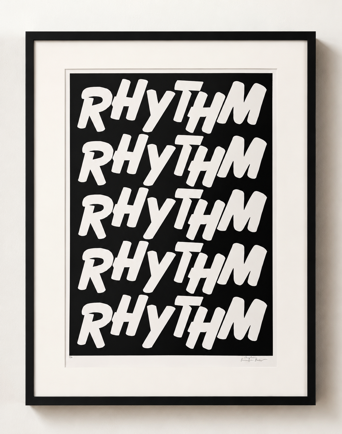 Framed artwork with the word 'RHYTHM' repeated in a stylized font on a black background.