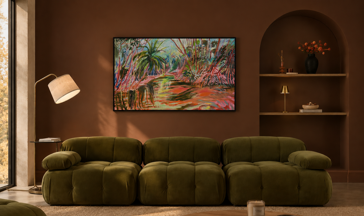 moody Mid centruary living styled with contemporary expressive colourful carribean landscape artwork by artist Hannah Rollings