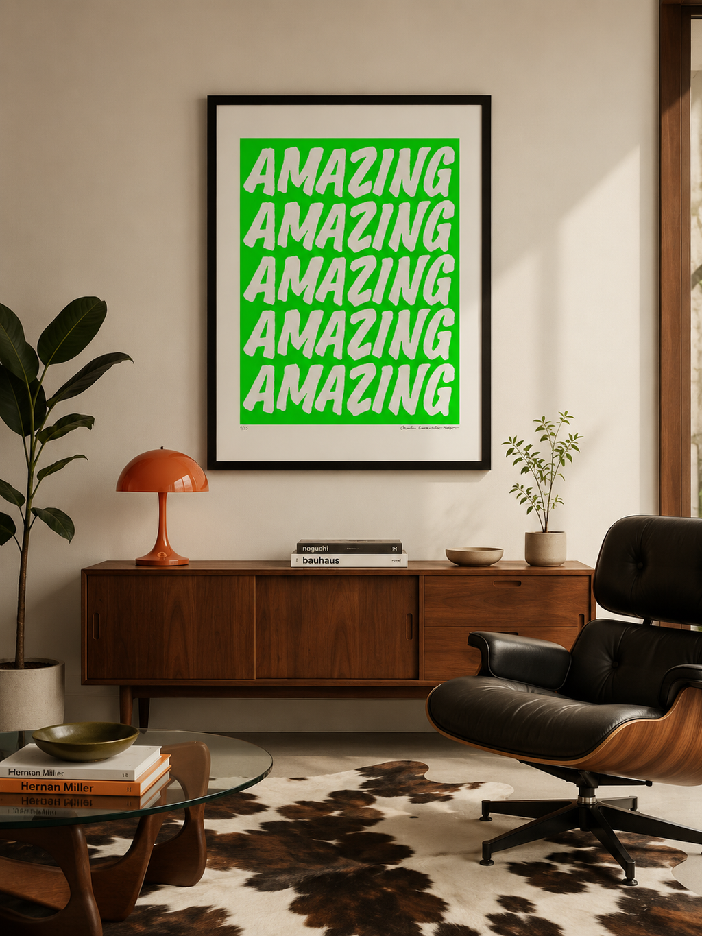 Living room with a framed poster saying 'AMAZING' in green, a brown leather chair, and a wooden sideboard.