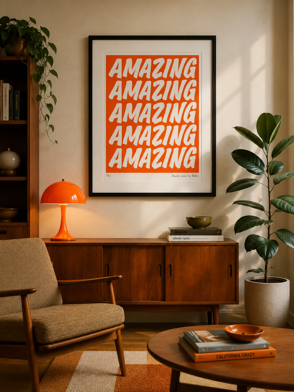 Living room with a wooden cabinet, armchair, and 'AMAZING' poster.
