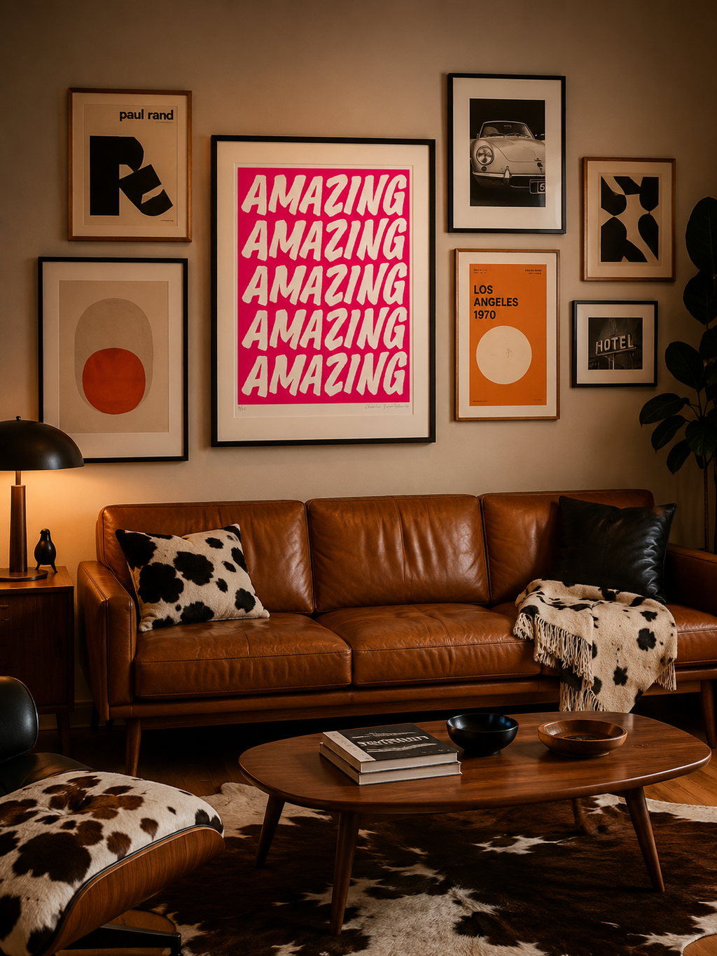 Living room with brown leather sofa, wooden coffee table, and wall art including a prominent 'AMAZING' poster.