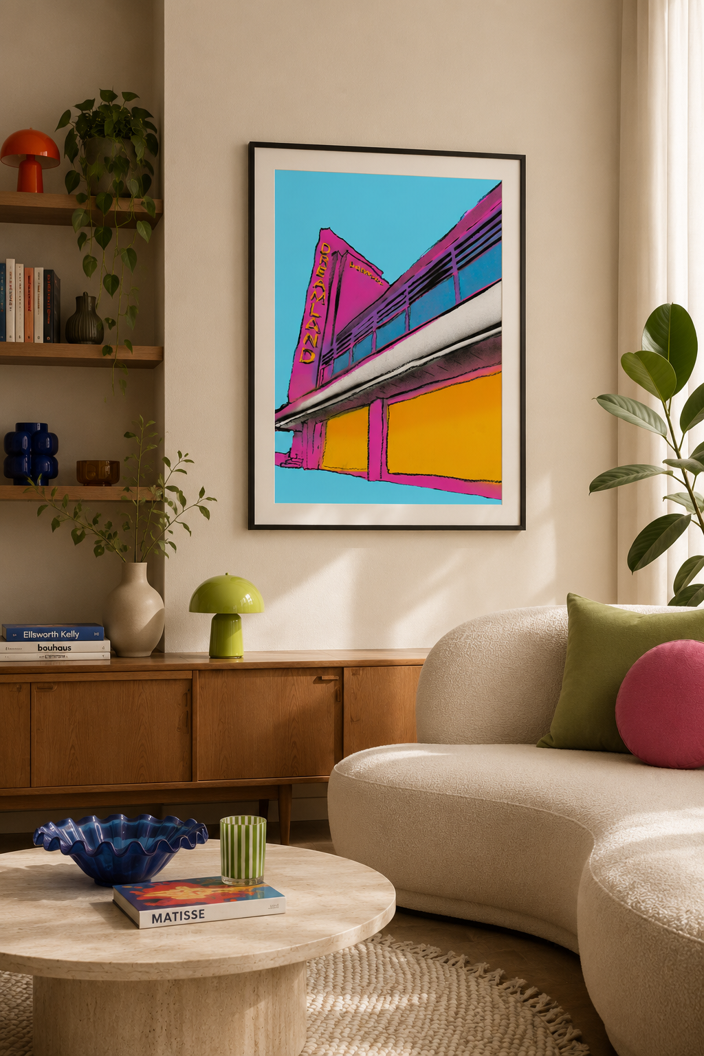 Dreamland Spray by Maximillian Boxer, colourful contemporary Pop Art print of Dreamland Margate displayed in a modern Scandi living room. Statement wall art for mid-century modern interiors, contemporary homes and design-led living spaces.