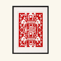 A framed art print featuring a bold red and white graphic design with the word 'AMAZING' repeated in a typographic pattern, presented in a black frame with a white mat against a light cream background by margate artist Charlie Evaristo Boyce. 