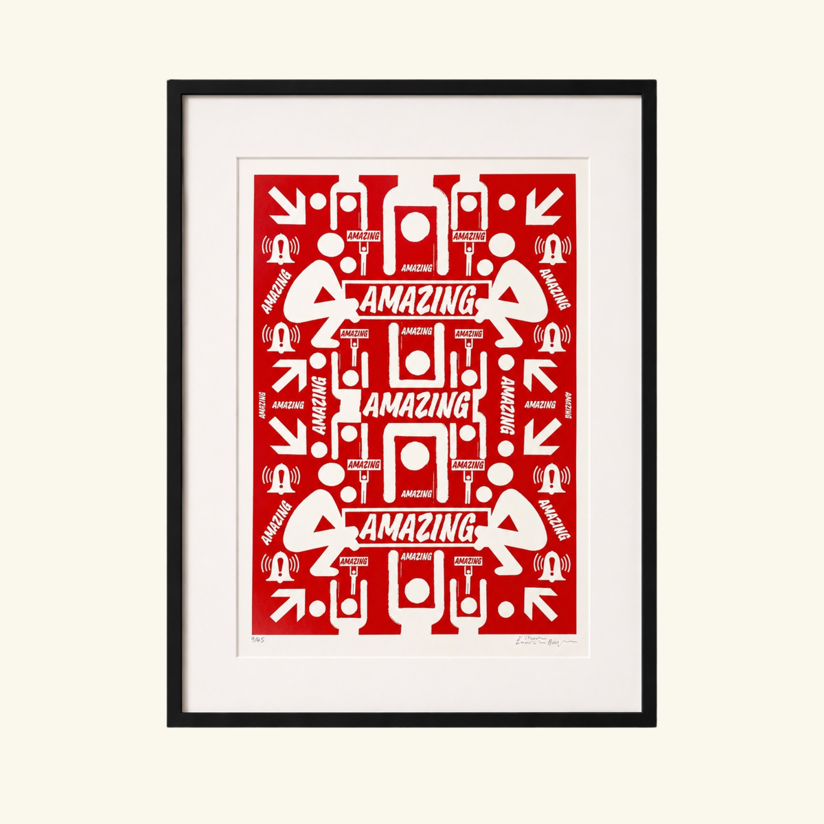 A framed art print featuring a bold red and white graphic design with the word 'AMAZING' repeated in a typographic pattern, presented in a black frame with a white mat against a light cream background by margate artist Charlie Evaristo Boyce. 