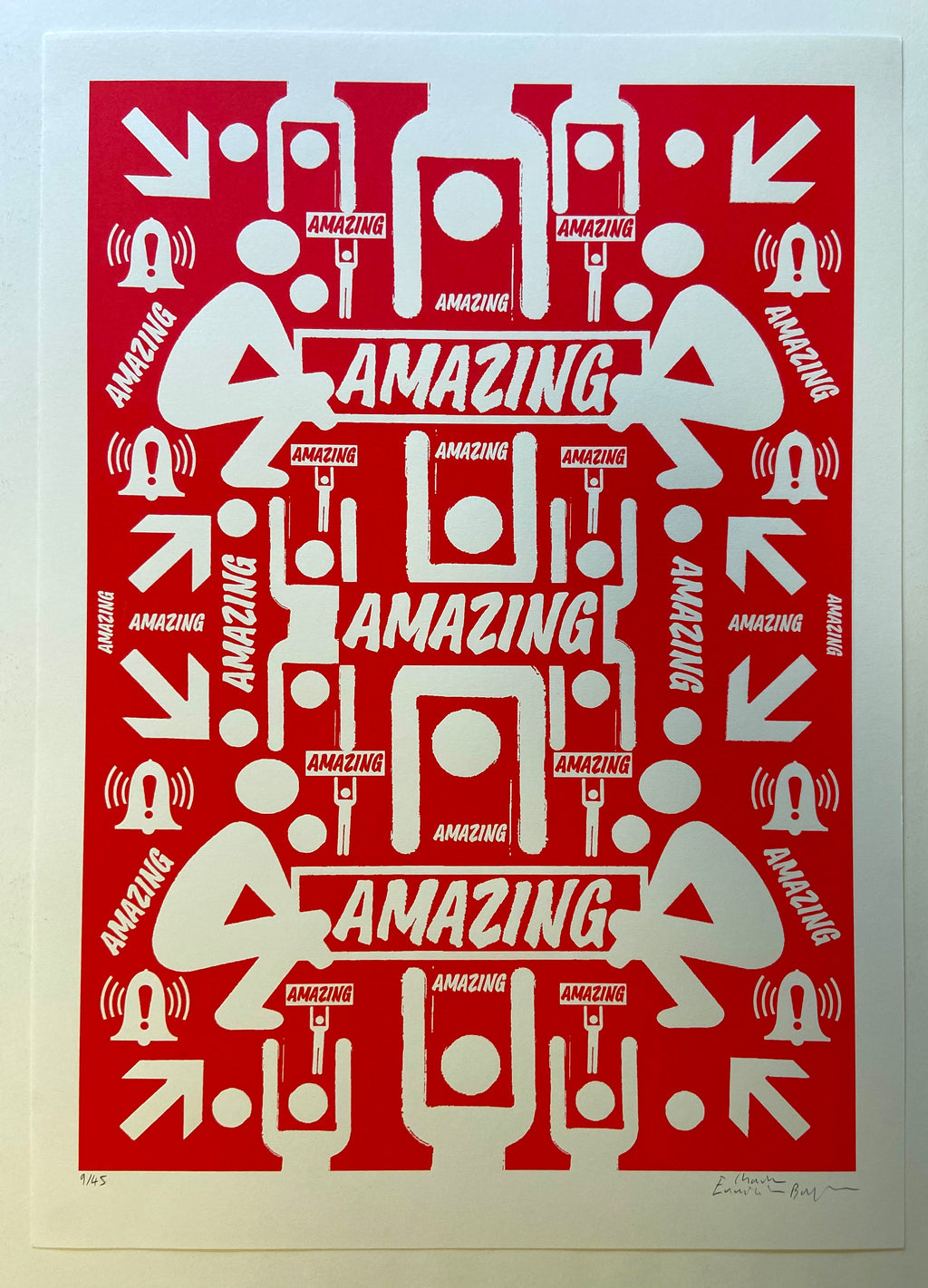 Red and white graphic with 'AMAZING' text and abstract shapes on a white background
