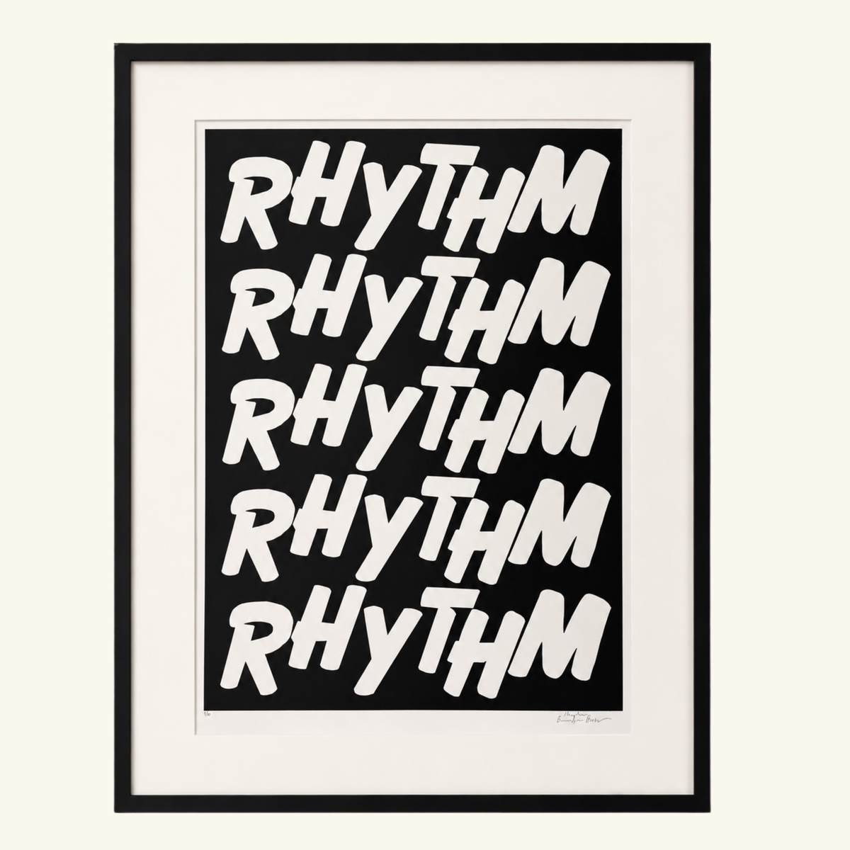 A framed typographic black and white art print featuring the word 'RHYTHM' by  margate artist Charlie Evaristo Boyce as seen on The Big deal  with Steph McGovern BBC 2