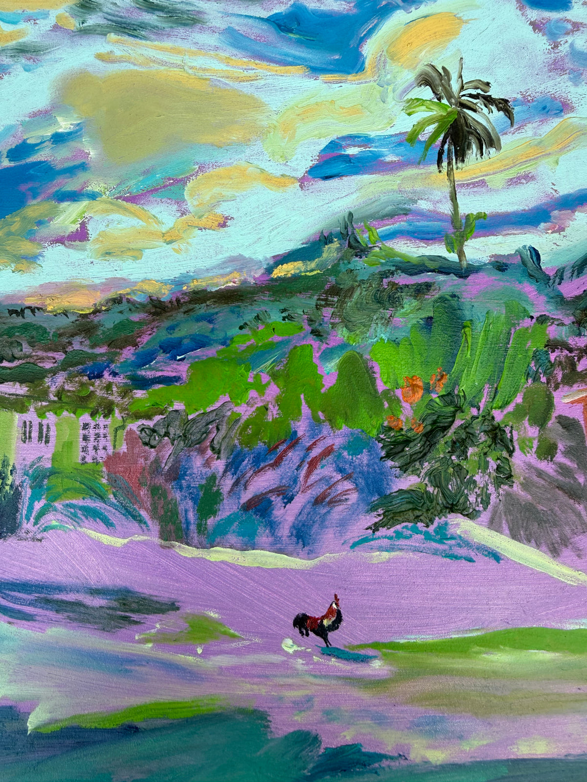 An expressive landscape painting featuring a tropical scene with a palm tree, rolling green hills, a small house on the left, and a figure walking in a purple field under a blue and yellow sky. Contemporary artist Hannah Rollings works collectable online from Bella and Ollie Art.