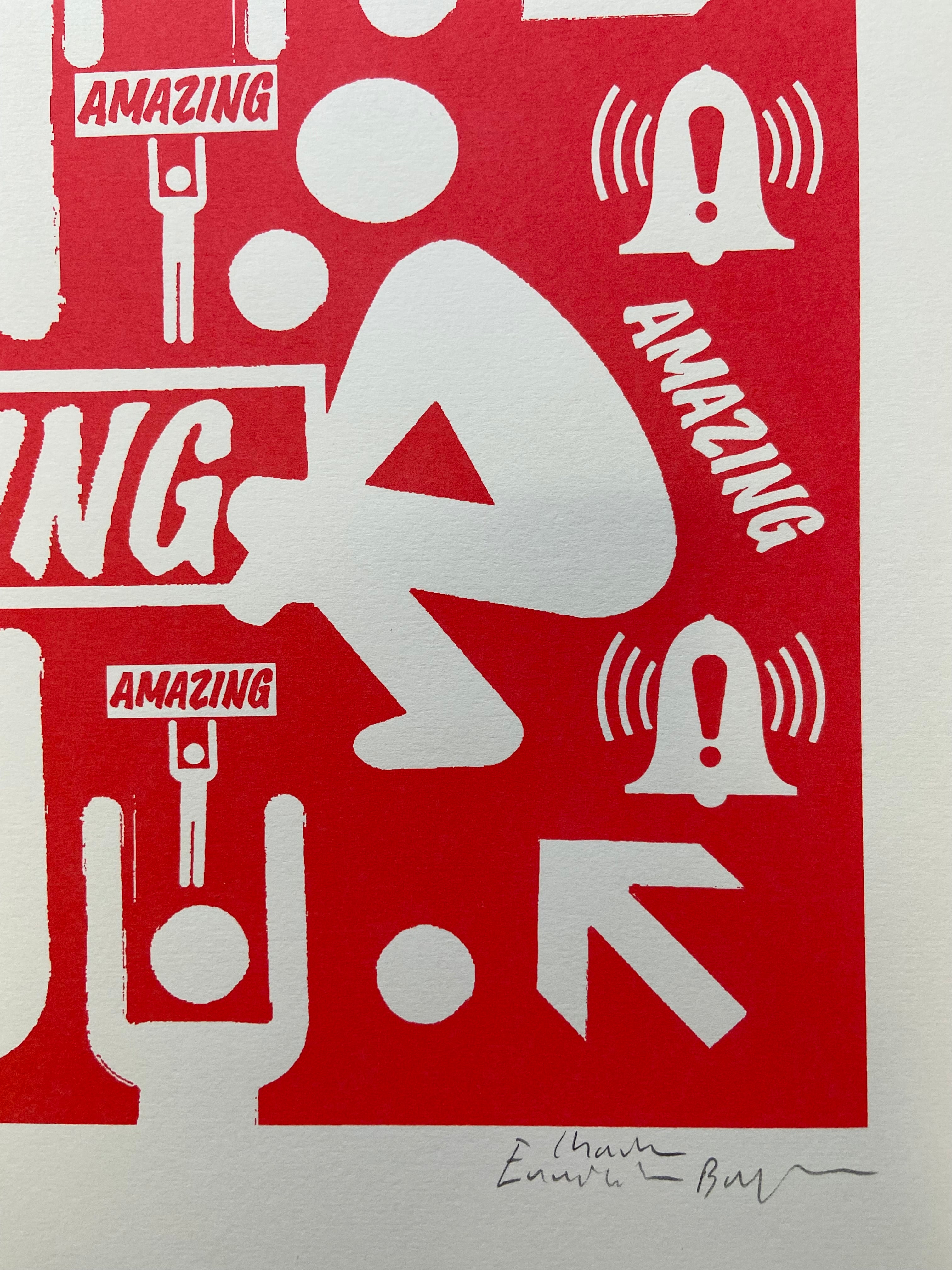 Red and white graphic with people and 'AMAZING' text on a red background