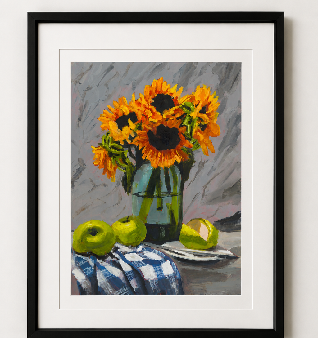 Sunflowers by Maximillian Boxer, contemporary still life print featuring vibrant yellow sunflowers in a glass vase with green apples, painted in expressive oil brushstrokes.
