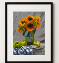 Sunflowers by Maximillian Boxer, contemporary still life print featuring vibrant yellow sunflowers in a glass vase with green apples, painted in expressive oil brushstrokes.