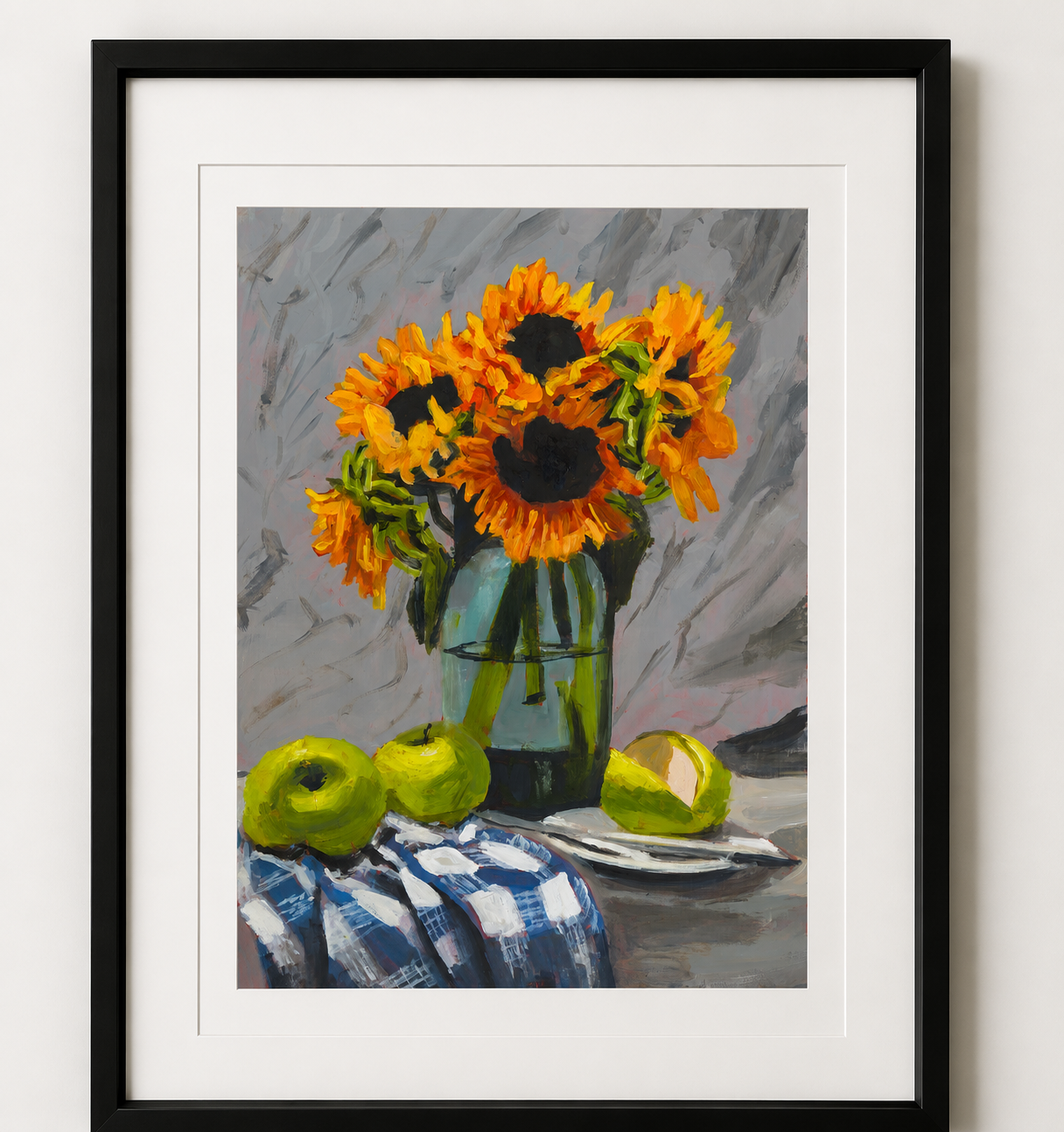 Sunflowers by Maximillian Boxer, contemporary still life print featuring vibrant yellow sunflowers in a glass vase with green apples, painted in expressive oil brushstrokes.