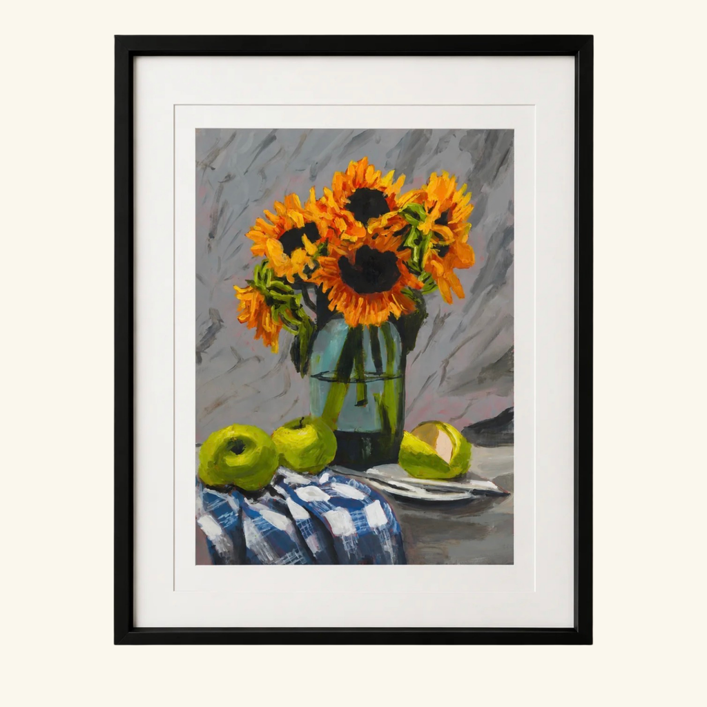 Sunflowers by Maximillian Boxer, contemporary still life print featuring vibrant yellow sunflowers in a glass vase with green apples, painted in expressive oil brushstrokes.