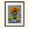 Sunflowers by Maximillian Boxer, contemporary still life print featuring vibrant yellow sunflowers in a glass vase with green apples, painted in expressive oil brushstrokes.