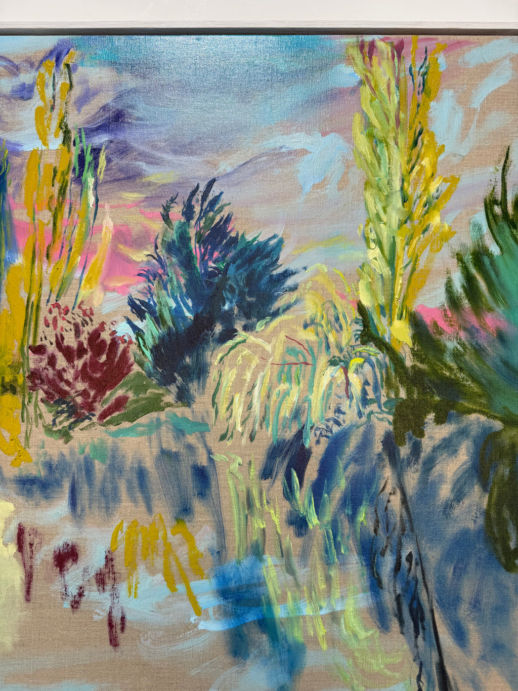 Textural paint details of: Eure Valley, After Monet 2026 by Hannah Rollings, original expressive landscape painting inspired by Normandy and Monet
