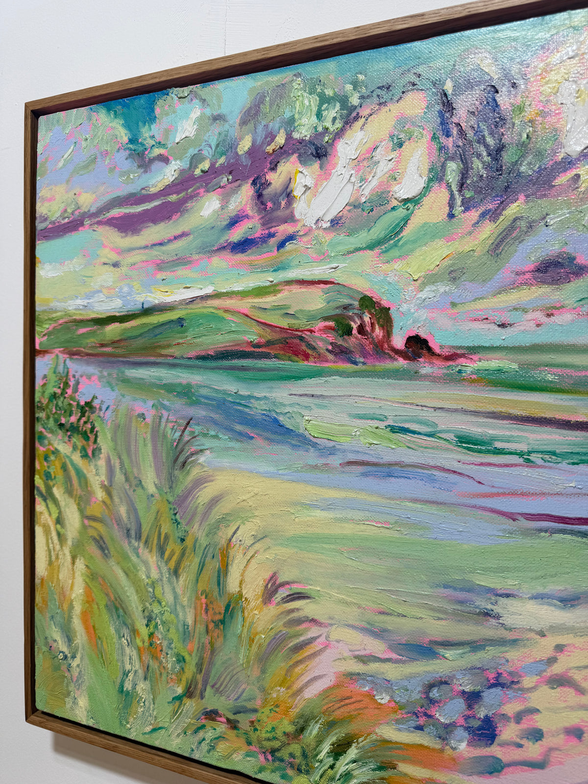 Across the Shallows 2026 by Hannah Rollings, original pastel colourful coastal landscape painting inspired by Cornwall