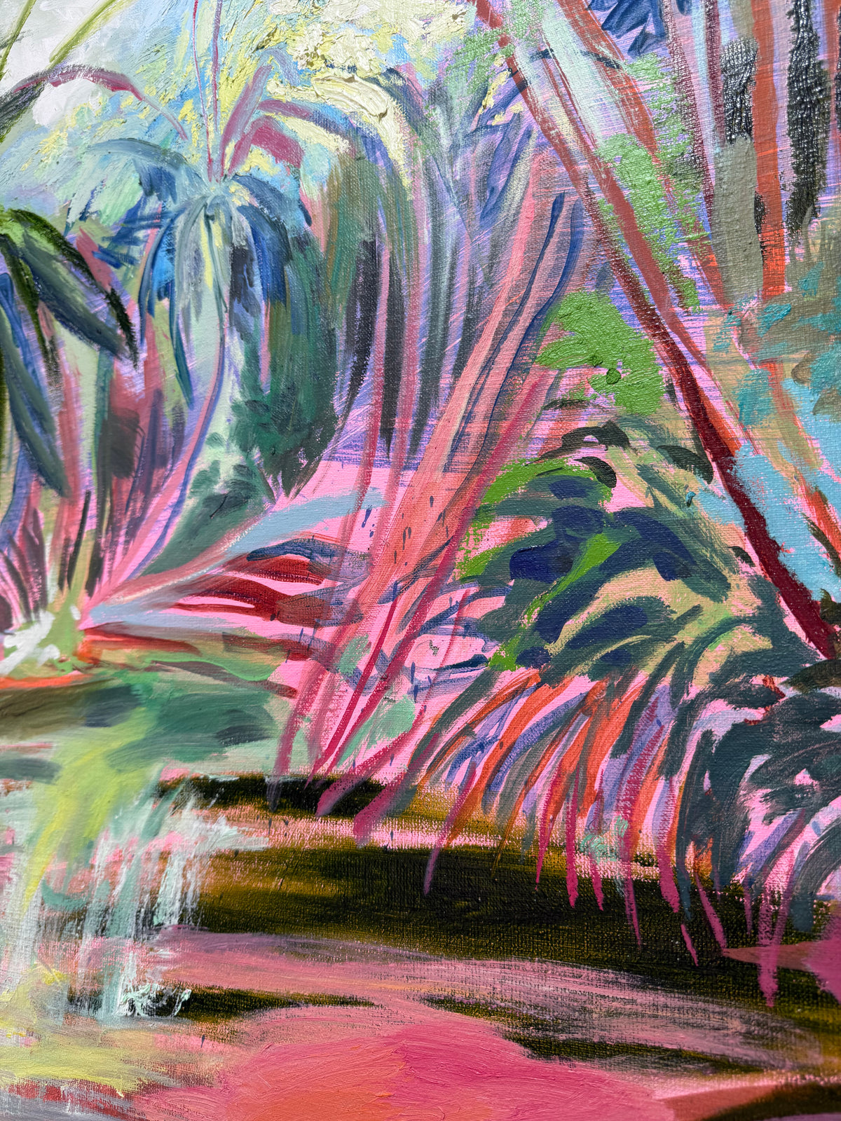 Last of the Bajan Red Mangroves 2026 by Hannah Rollings, original contemporary landscape painting inspired by Barbados. An abstract painting of tropical foliage with expressive brushstrokes in pink, green, blue, purple, and black.