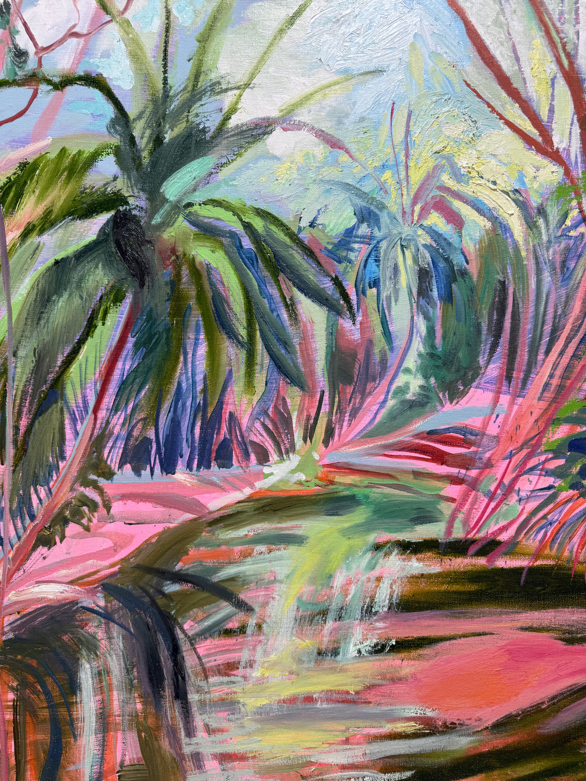 Last of the Bajan Red Mangroves 2026 by Hannah Rollings, original contemporary landscape painting inspired by Barbados. Colorful tropical landscape painting with palm trees, pink and green foliage, and a reflective waterway in expressive brushstrokes.