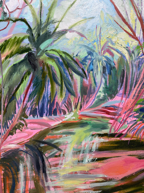 Last of the Bajan Red Mangroves 2026 by Hannah Rollings, original contemporary landscape painting inspired by Barbados. Colorful tropical landscape painting with palm trees, pink and green foliage, and a reflective waterway in expressive brushstrokes.