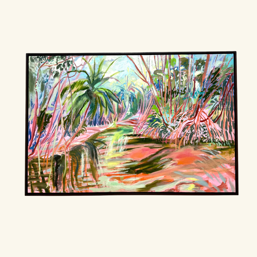 A framed abstract landscape painting featuring a tropical jungle scene with palm trees, pink and green foliage, and a flowing river. Last of the Bajan Red Mangroves 2026 by Hannah Rollings, original contemporary landscape painting inspired by Barbados