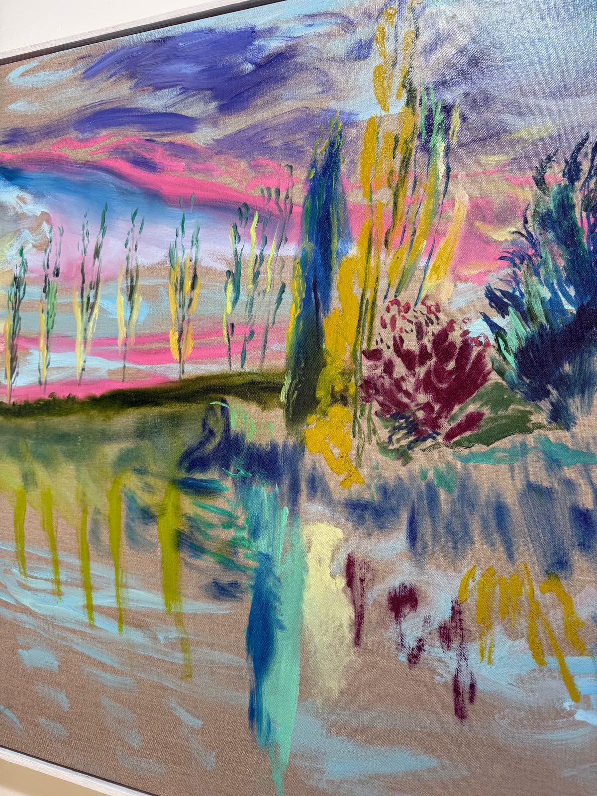Eure Valley, After Monet 2026 by Hannah Rollings, original expressive landscape painting inspired by Normandy and Monet. An abstract landscape painting featuring a vibrant sunset sky with pink, purple, and blue hues, tall stylized trees, and reflections in water. 
