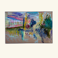 An abstract landscape painting of trees and water reflections, featuring a vibrant mix of blue, green, yellow, pink, and purple brushstrokes. Eure Valley, After Monet 2026 by Hannah Rollings, original expressive landscape painting inspired by Normandy and Monet