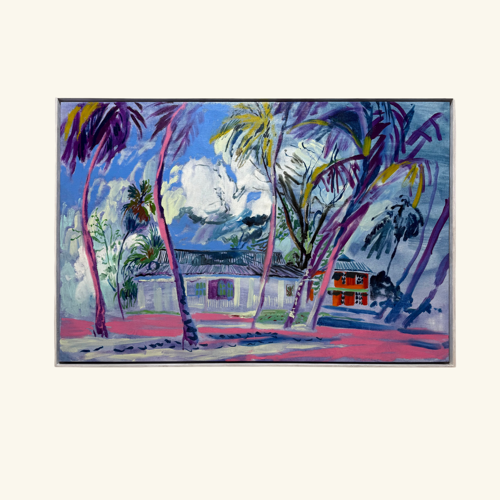Life Beneath the Palms 2026 by Hannah Rollings, original colourful landscape painting inspired by Barbados. Palm Trees on The Beach Painting