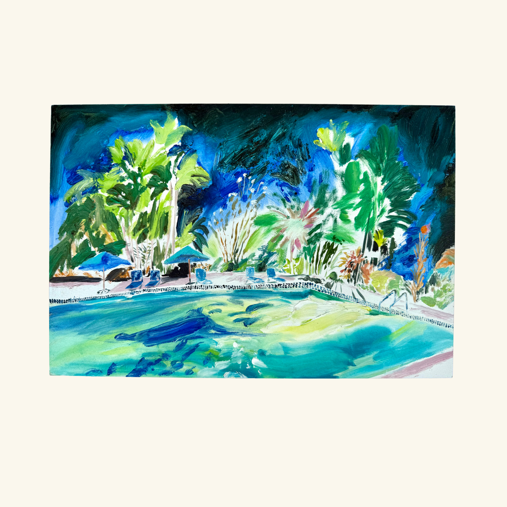 Night Pool 2026 by Hannah Rollings, original colourful abstract painting inspired by Barbados paradise holiday 