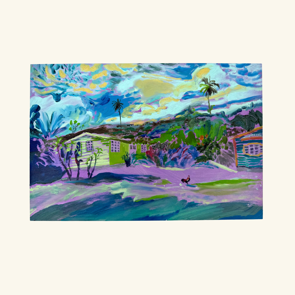 Rooster Tropics 2026 by Hannah Rollings, colourful original painting inspired by the tropical landscape of Barbados