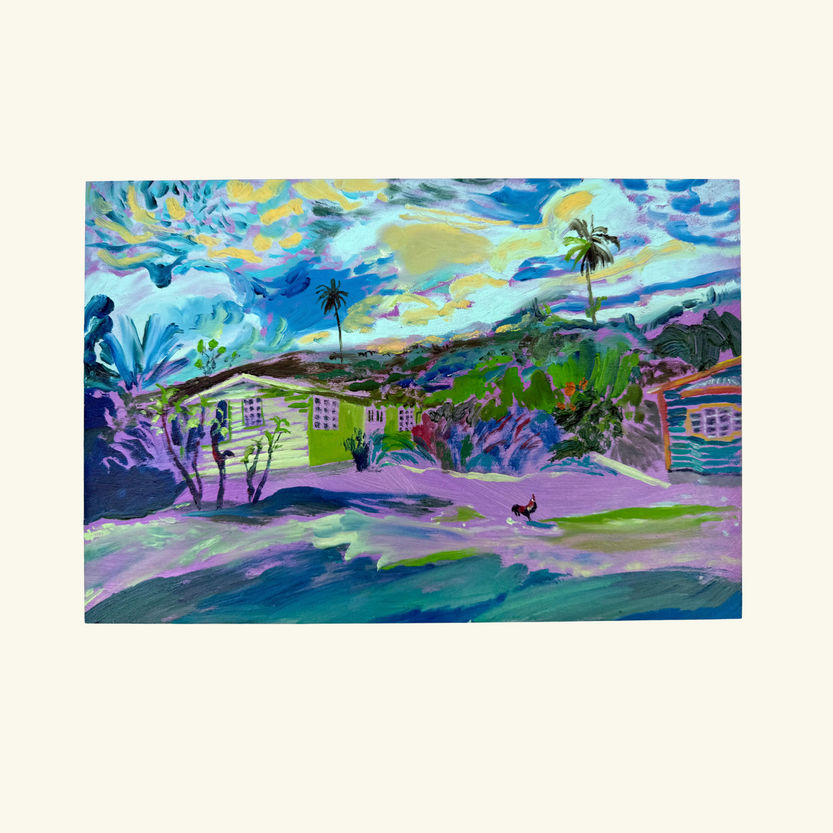 Rooster Tropics 2026 by Hannah Rollings, colourful original painting inspired by the tropical landscape of Barbados