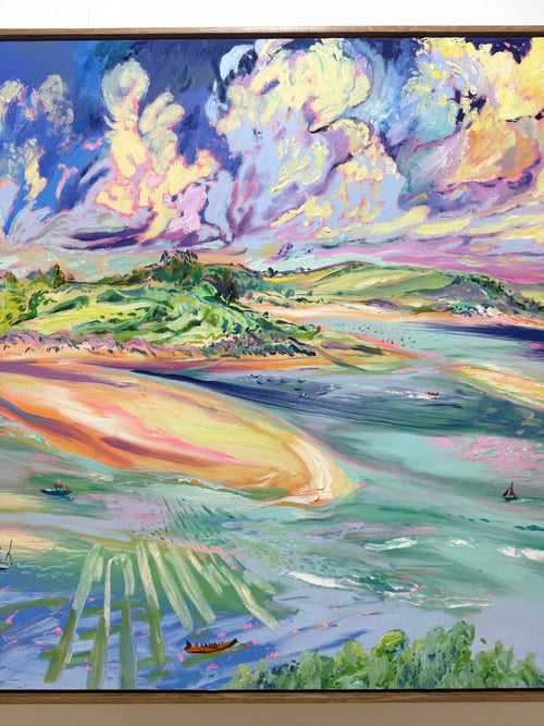 Where the Skiff Meets the Golden Hour 2026 by Hannah Rollings, original expressive landscape painting inspired by Cornwall