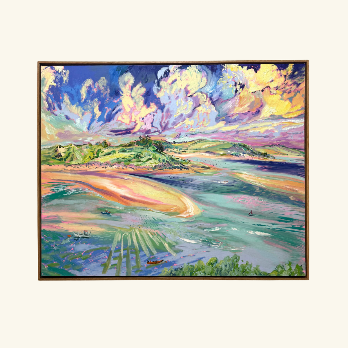 Where the Skiff Meets the Golden Hour 2026 by Hannah Rollings, original expressive landscape painting inspired by Cornwall