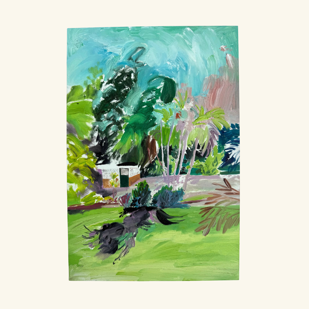 An impressionistic tropical landscape painting on a vertical canvas, depicting lush green trees, palm trees, a small house, and a black dog in the foreground, set against a light cream background. Sun Bleached and Green 2026 by Hannah Rollings, original colourful contemporary painting inspired by Barbados