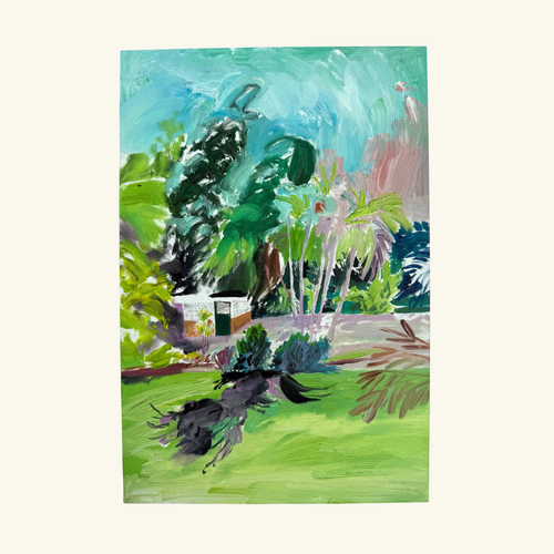 An impressionistic tropical landscape painting on a vertical canvas, depicting lush green trees, palm trees, a small house, and a black dog in the foreground, set against a light cream background. Sun Bleached and Green 2026 by Hannah Rollings, original colourful contemporary painting inspired by Barbados