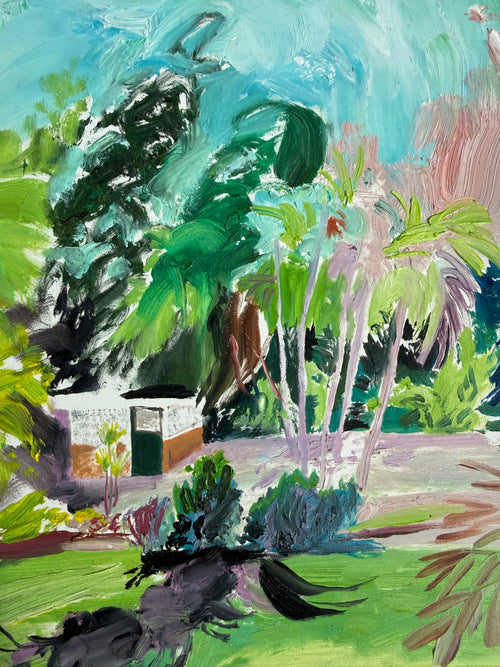 An expressive outdoor landscape painting with bold brushstrokes, featuring green trees and foliage, a small white building, and a dark horse in the foreground under a bright turquoise sky.Sun Bleached and Green 2026 by Hannah Rollings, original colourful contemporary painting inspired by Barbados