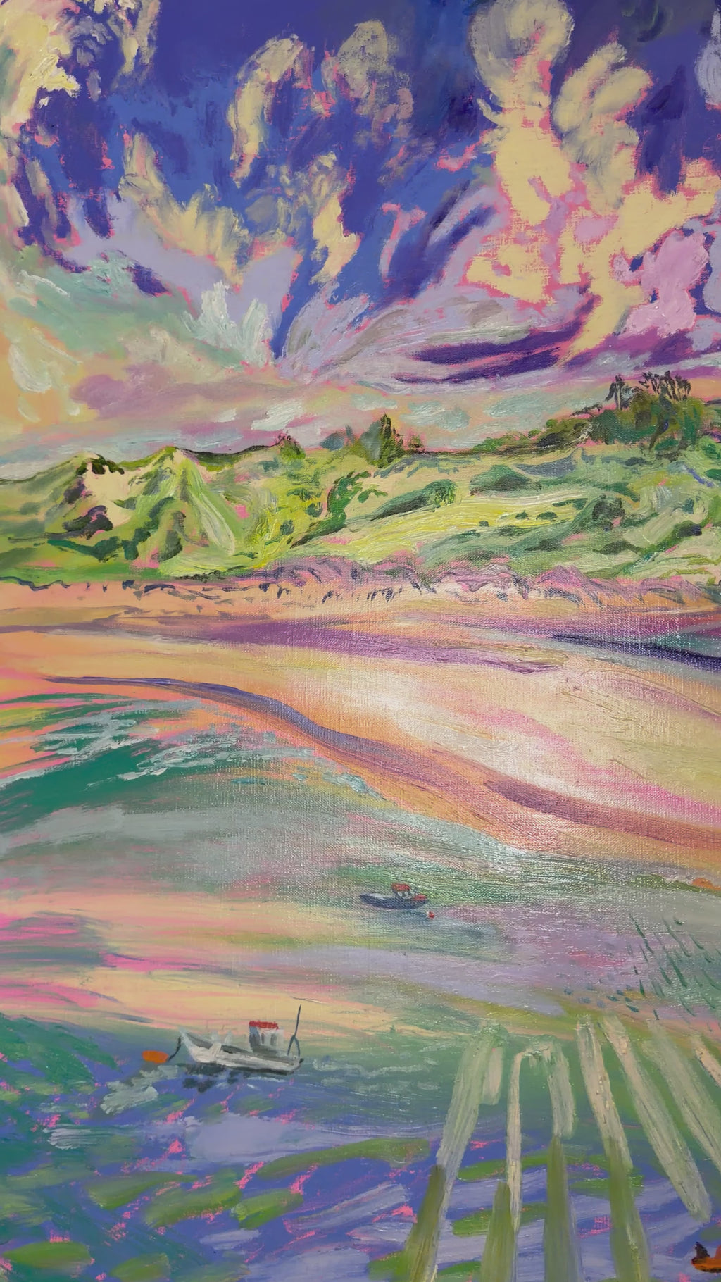 where the skiff meets the golden hour, abstract padstow cornwall coastal landscape art painted with pastel acrylic by artist Hannah Rollings