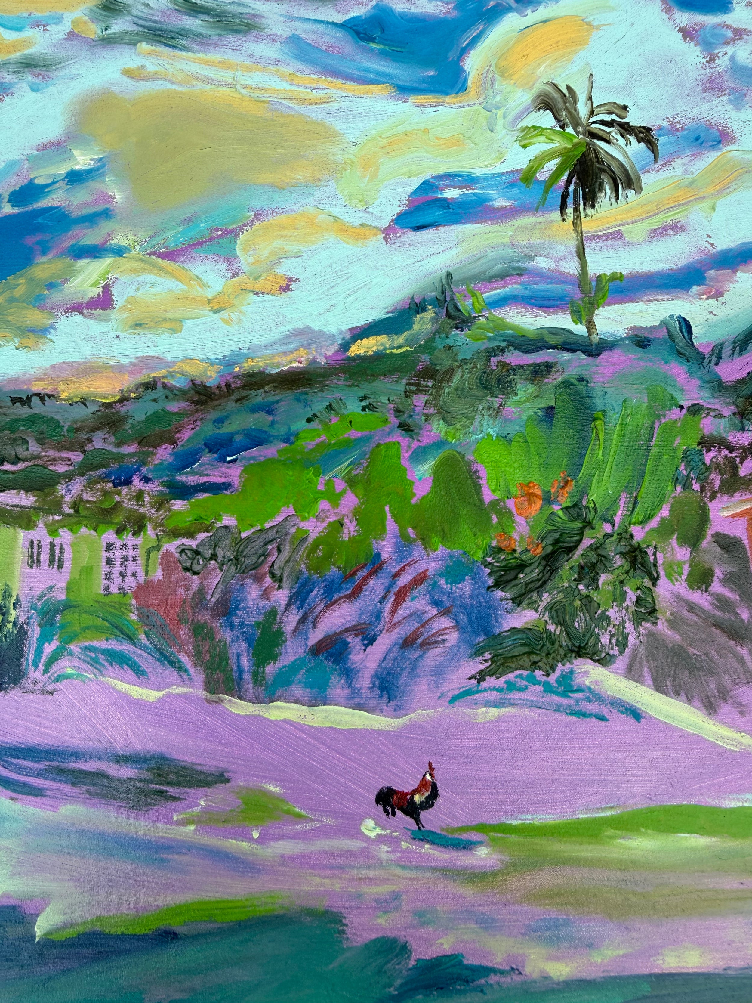 Rooster tropics Original tropical carribean painting by artist Hannah Rollings, launch event at Soho House