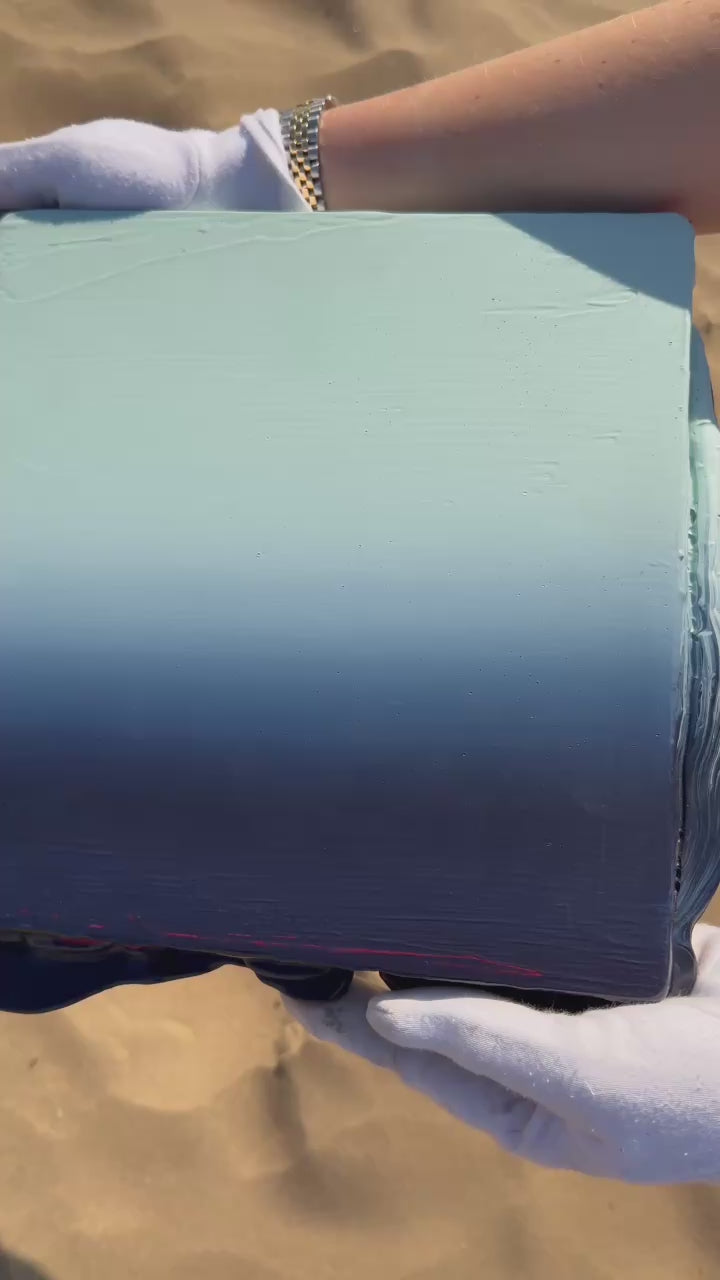 Dive into the subglacial void with Moulin, a powerful original abstract blue work by artist Elfyn Lewis. Inspired by the profound depth and raw drama of north wales glacial shafts and ravine landscapes, 